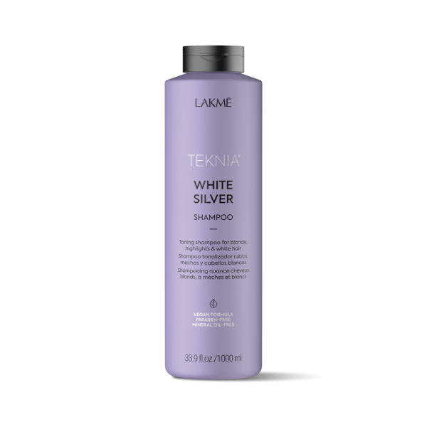 White Silver shampoo i praktisk 1000 ml flaska från Lakme Teknia. Ett toningsschampo för blonderat eller ljust färgat hår, finns på frisorgrossen.