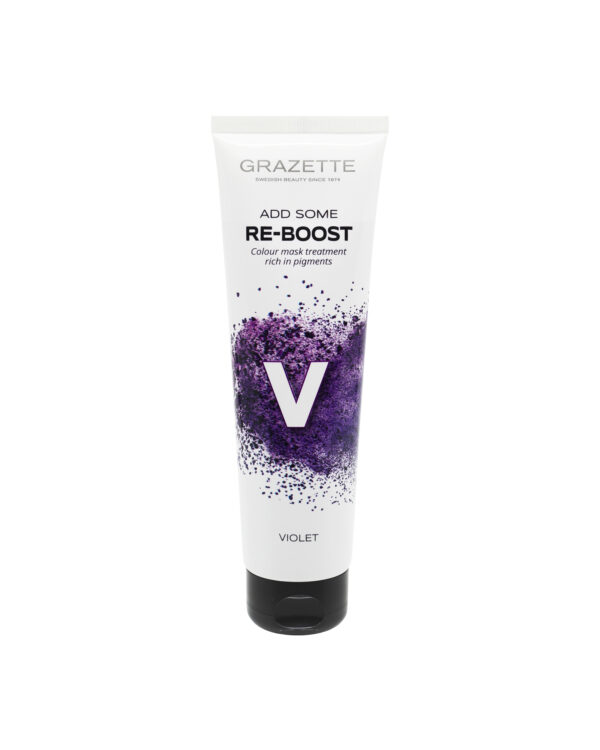 Violett färginpackning från Re-boost Grazette. Ger nytt liv till färgat hår. Finns hos Frisörgrossen